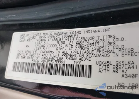 2003 Toyota Sequoia Limited V8 из США, поврежденный, VIN 5TDBT48A03S159963